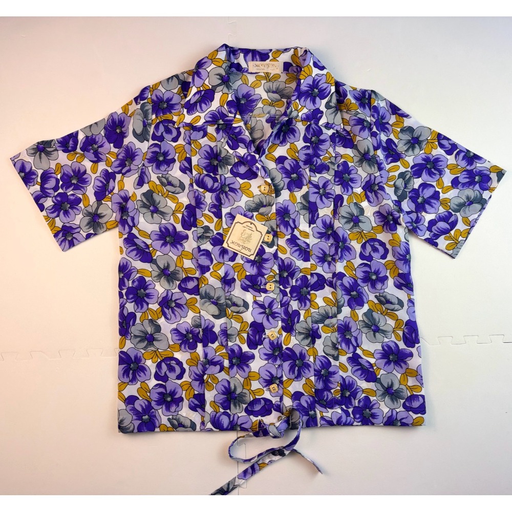 NWT Vtg Womens Blouse 70s Deadstock Camp Floral Button Down Tie Japanese-Size L